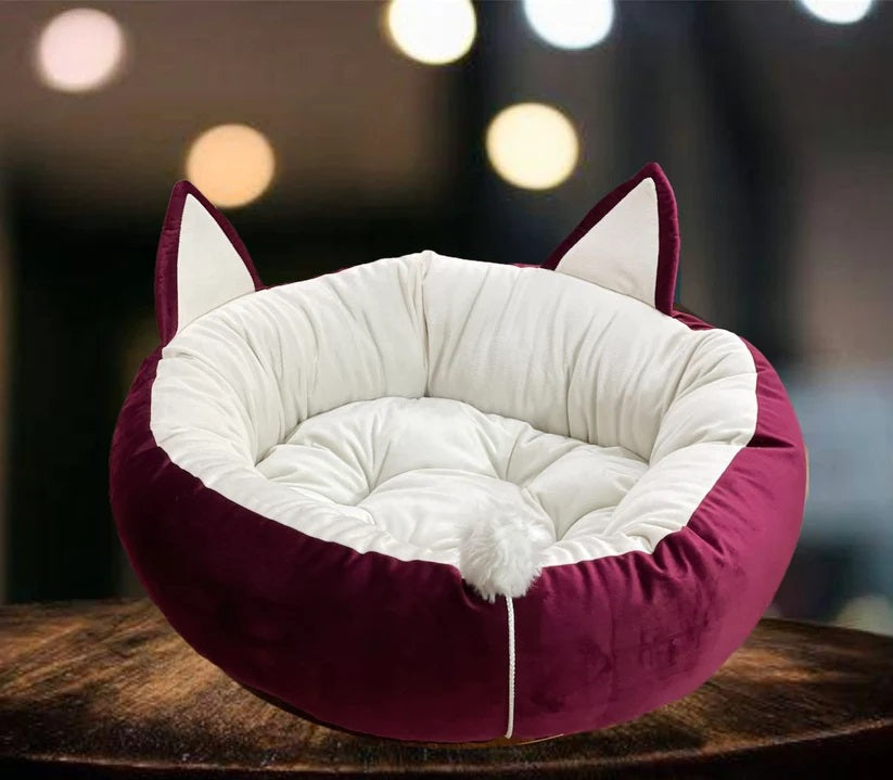 Cat Ear Pet Bed with Tail - Maroon