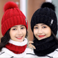 Women's 2 Pcs Crochet Knitted Beanie Cap With Neck Warmer - Black