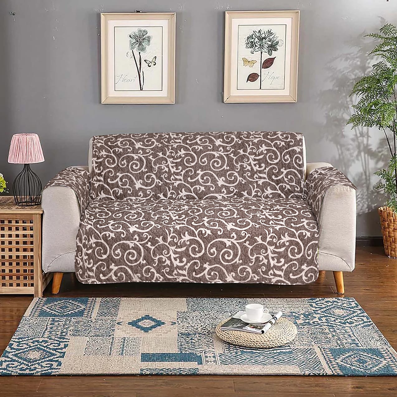 Printed Cotton Quilted Sofa Couch Cover - Sofa Protectors (Tex Brown)
