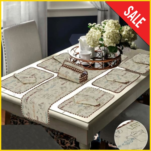 14 Pieces Quilted Table Runner Set - Bistro Brown 5store.pk 