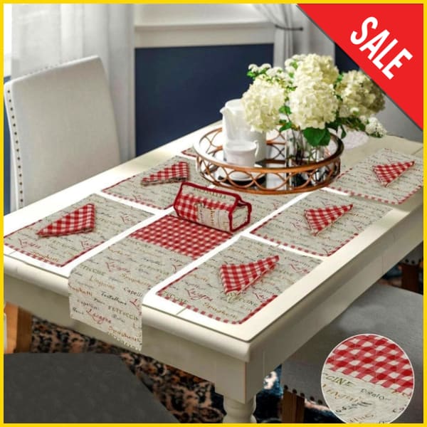14 Pieces Quilted Table Runner Set 5store.pk Bistro Red 