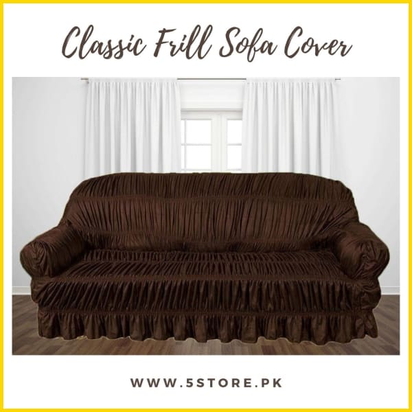 Classic Style Full Frill Stretchable Sofa Cover / Sofa Protector - Dark Brown Sofa Accessories 5store.pk 