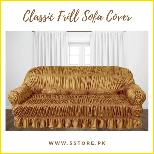 Classic Style Full Frill Stretchable Sofa Cover / Sofa Protector - Golden Sofa Accessories 5store.pk 